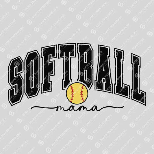 Apparel featuring a Softball Mama Varsity Black-themed DTF transfer.