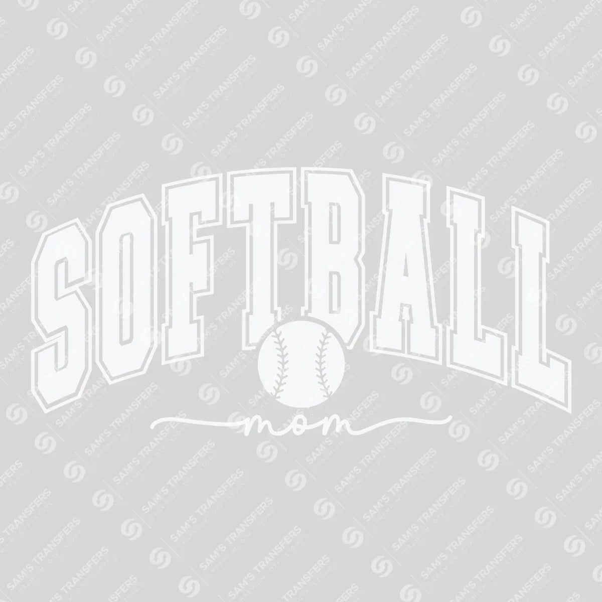 Apparel featuring a Softball Mom Varsity White-themed DTF transfer.