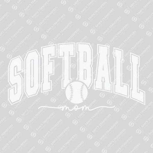 Apparel featuring a Softball Mom Varsity White-themed DTF transfer.