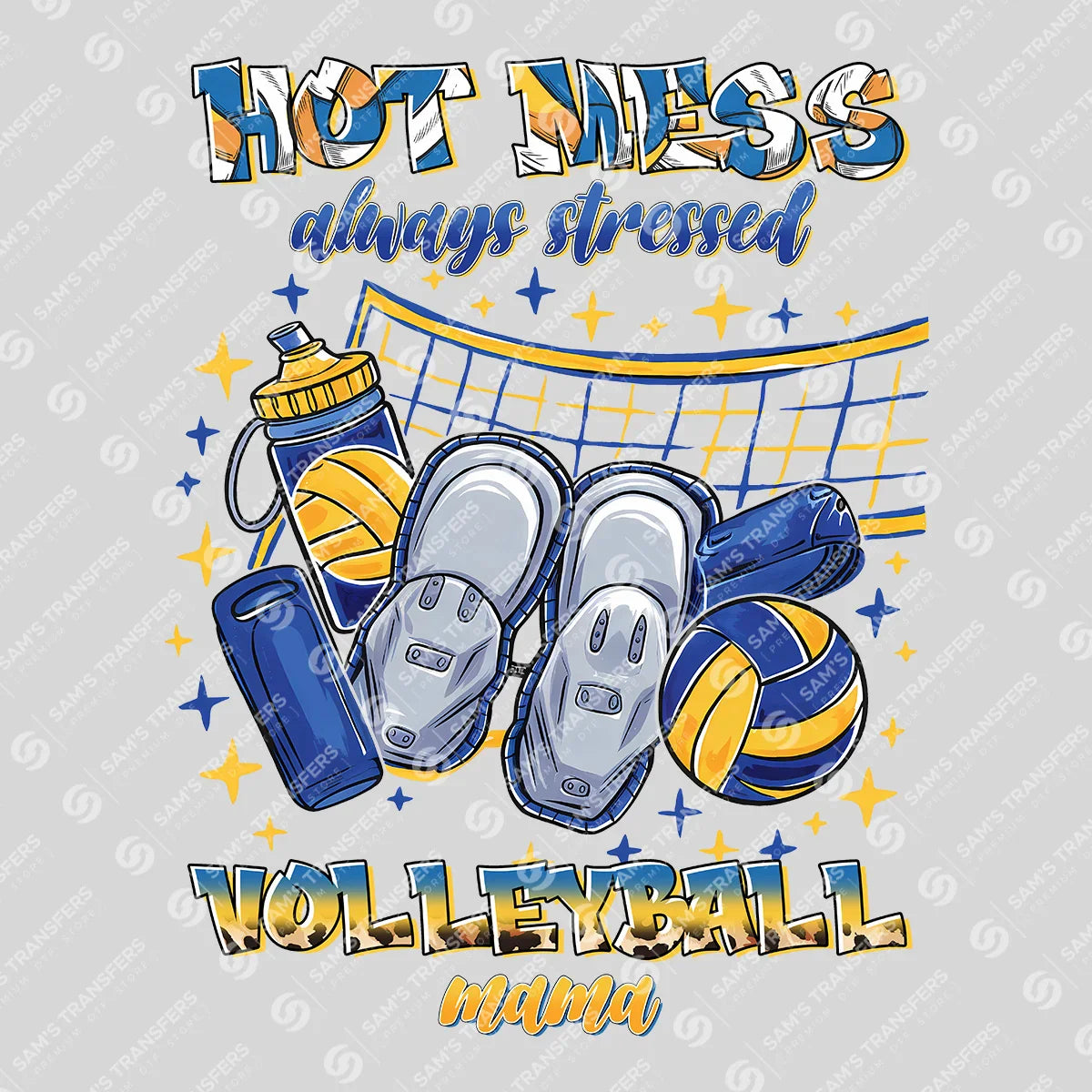 Apparel featuring a Hot Mess Volleyball Mama-themed DTF transfer.