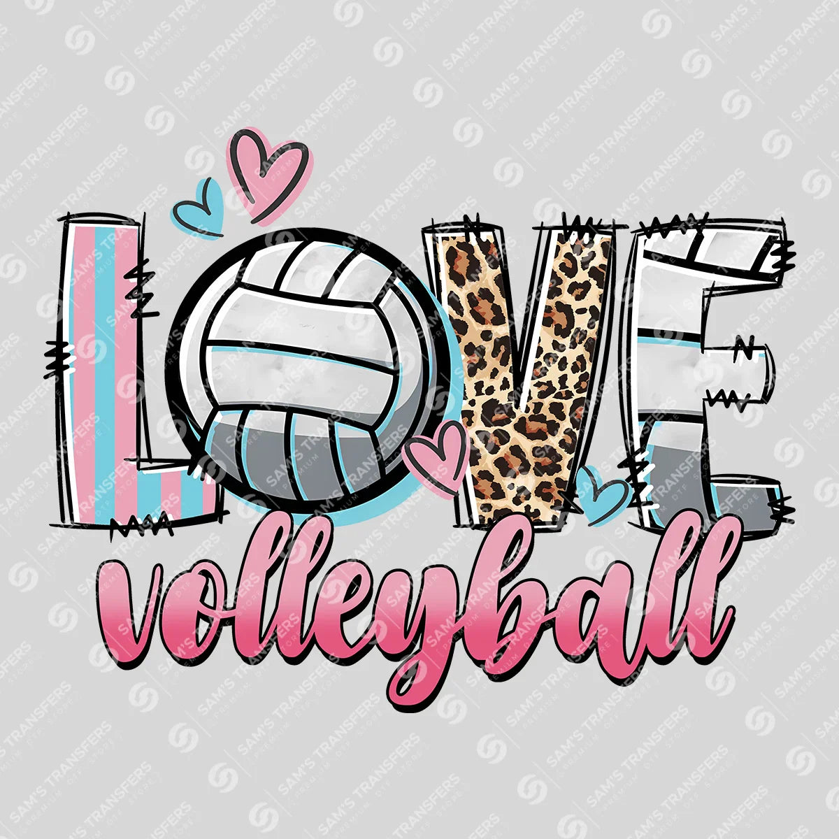 Apparel featuring a Love Volleyball Doodle-themed DTF transfer.