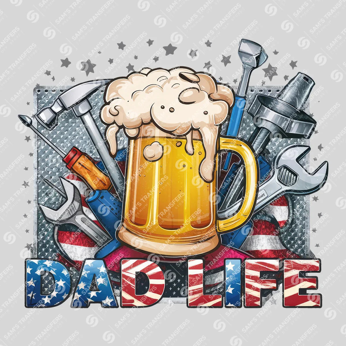 Apparel featuring a Dad Life Beer And Tools-themed DTF transfer.