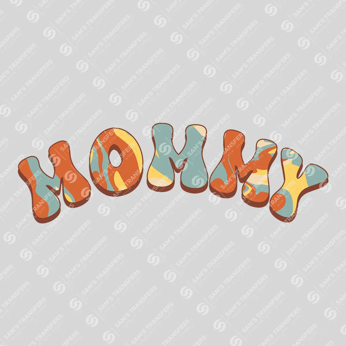 Apparel featuring a Mommy Retro Groovy-themed DTF transfer.