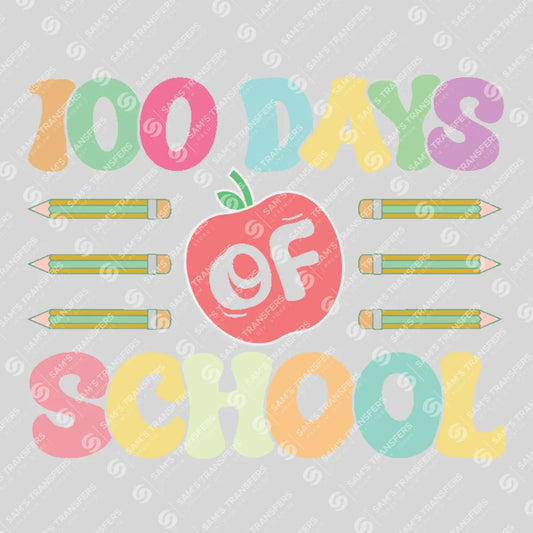 Apparel featuring a 100 Days Of School Apple-themed DTF transfer.