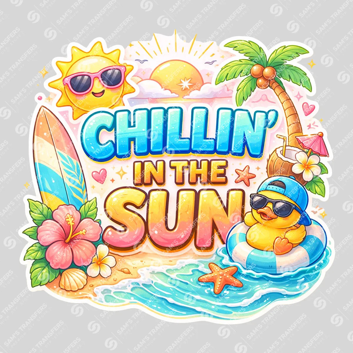 Apparel featuring a Chillin In The Sun-themed DTF transfer.