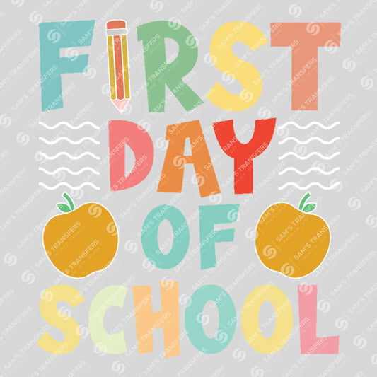 Apparel featuring a First Day Of School Apples-themed DTF transfer.