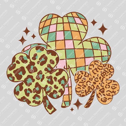 Apparel featuring a Leopard Disco Shamrocks-themed DTF transfer.