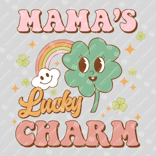 Apparel featuring a Mama's Lucky Charm-themed DTF transfer.