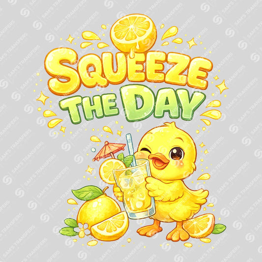 Apparel featuring a Squeeze The Day-themed DTF transfer.