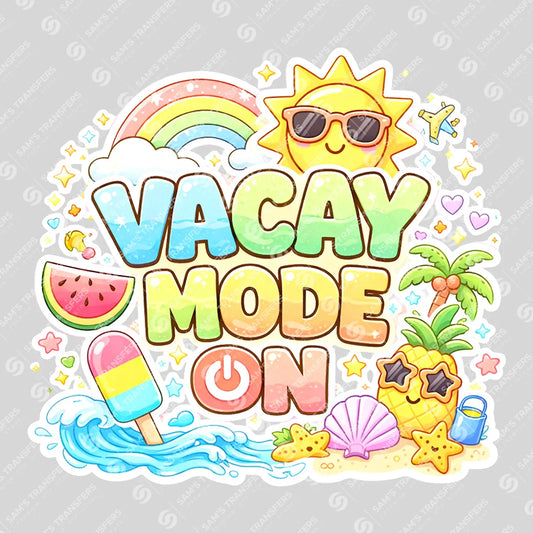 Apparel featuring a Vacay Mode On-themed DTF transfer.