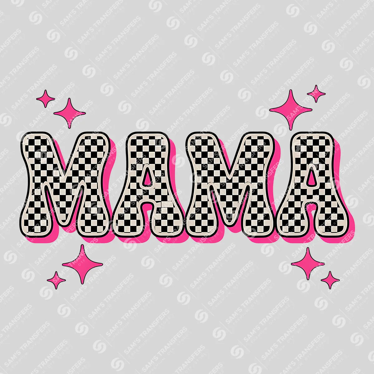 Apparel featuring a Mama Checkered-themed DTF transfer.