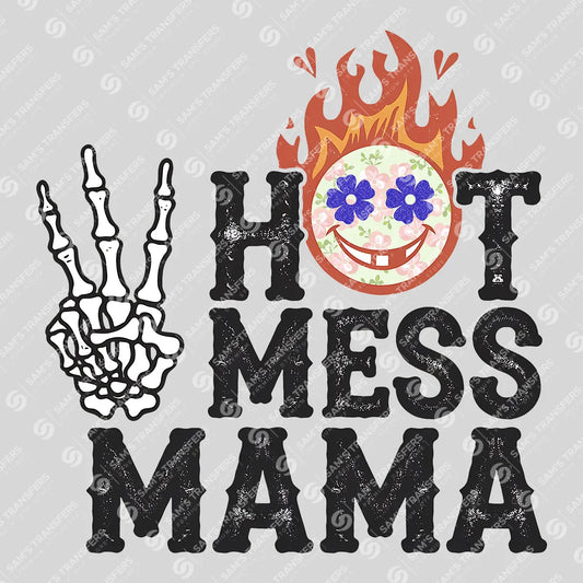 Apparel featuring a Hot Mess Mama-themed DTF transfer.