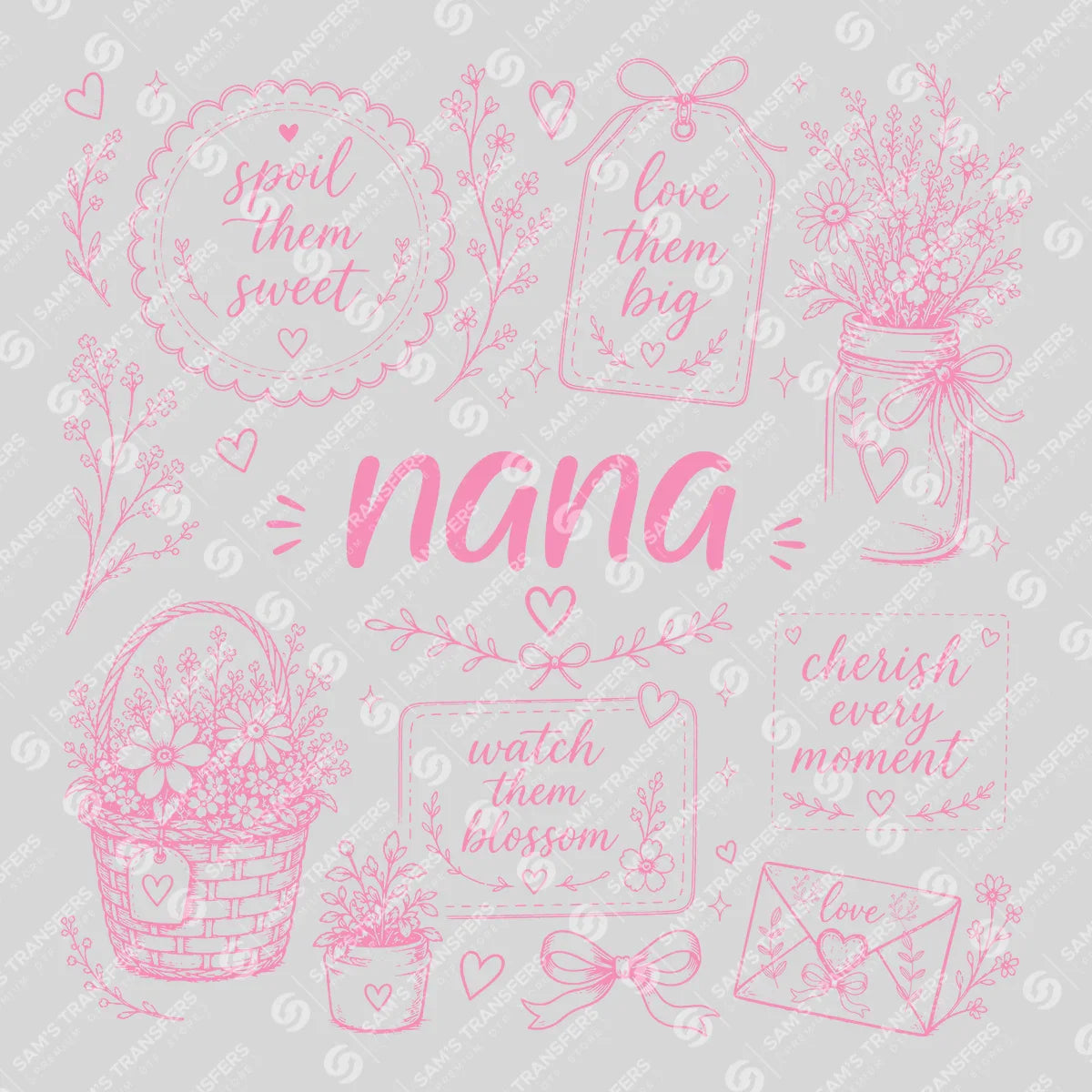 Apparel featuring a Nana Wildflower-themed DTF transfer.