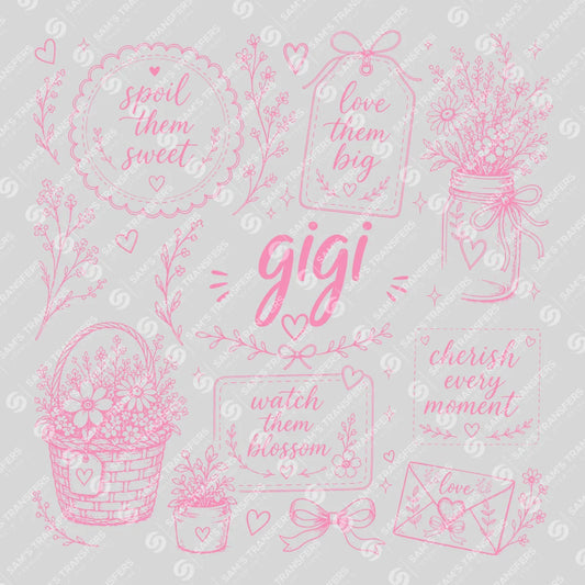 Apparel featuring a Gigi Wildflower-themed DTF transfer.