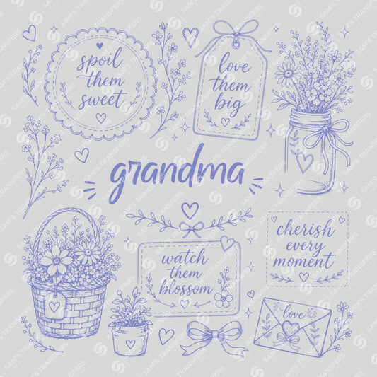Apparel featuring a Grandma Wildflower-themed DTF transfer.