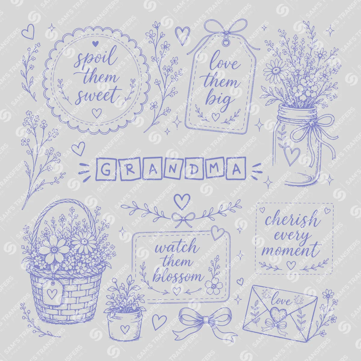 Apparel featuring a Grandma Wildflower Blocks-themed DTF transfer.