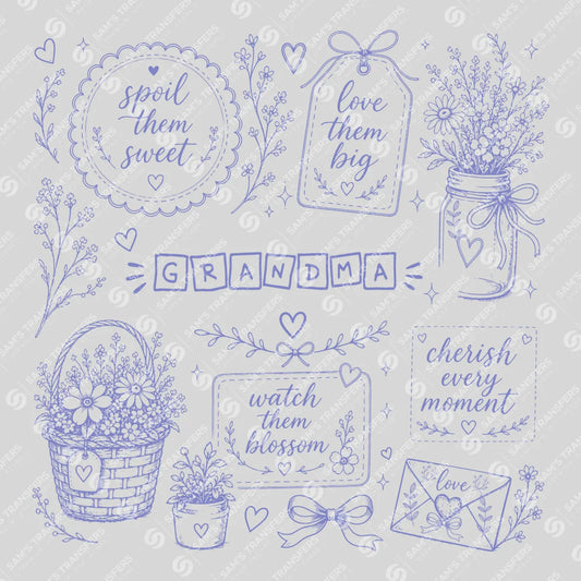 Apparel featuring a Grandma Wildflower Blocks-themed DTF transfer.