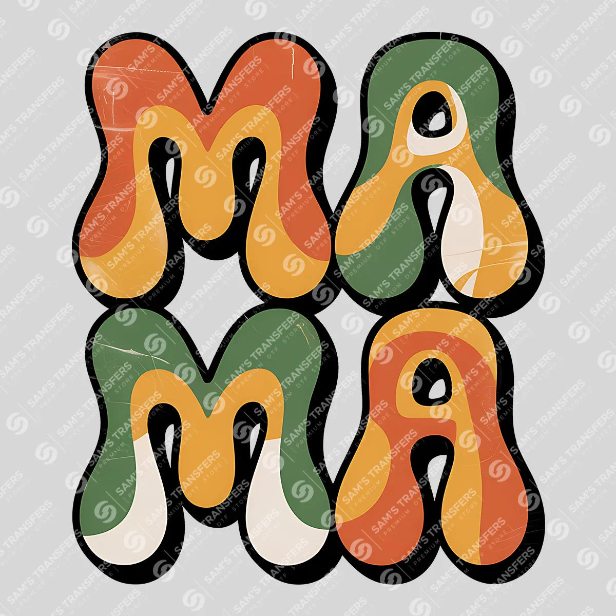 Apparel featuring a Mama Retro Groovy-themed DTF transfer.