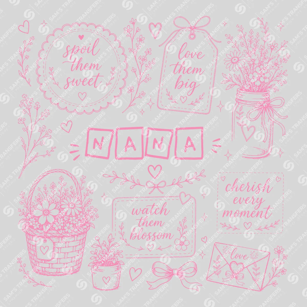 Apparel featuring a Nana Wildflower Blocks-themed DTF transfer.