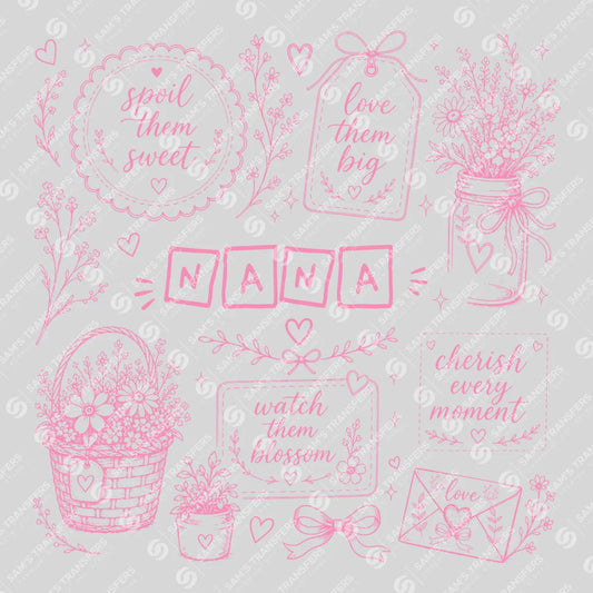 Apparel featuring a Nana Wildflower Blocks-themed DTF transfer.
