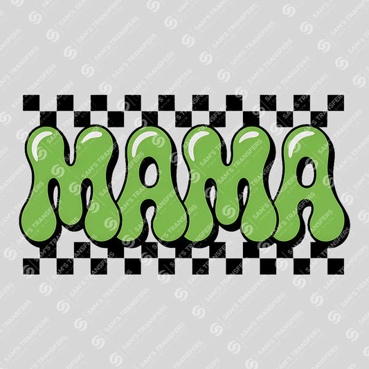 Apparel featuring a Mama Bubble Checkered-themed DTF transfer.