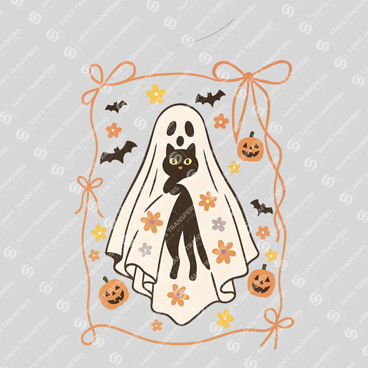 Apparel featuring a Floral Ghost Cat-themed DTF transfer.
