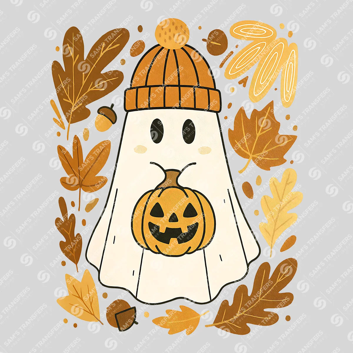 Apparel featuring a Cozy Ghost Pumpkin-themed DTF transfer.