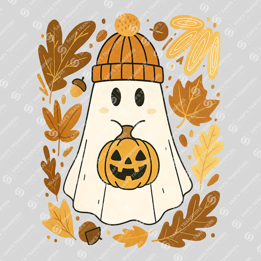 Apparel featuring a Cozy Ghost Pumpkin-themed DTF transfer.