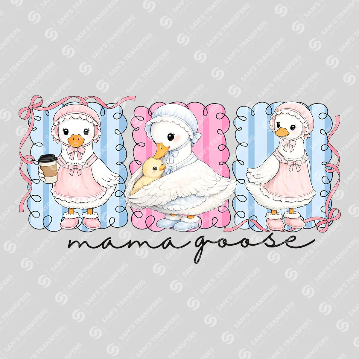 Apparel featuring a Mama Goose Trio-themed DTF transfer.