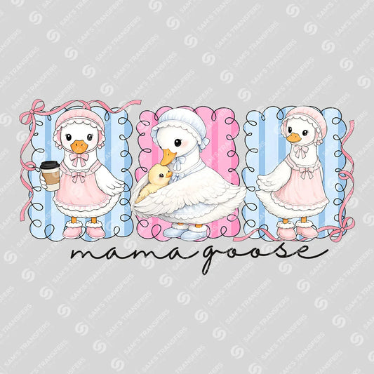 Apparel featuring a Mama Goose Trio-themed DTF transfer.