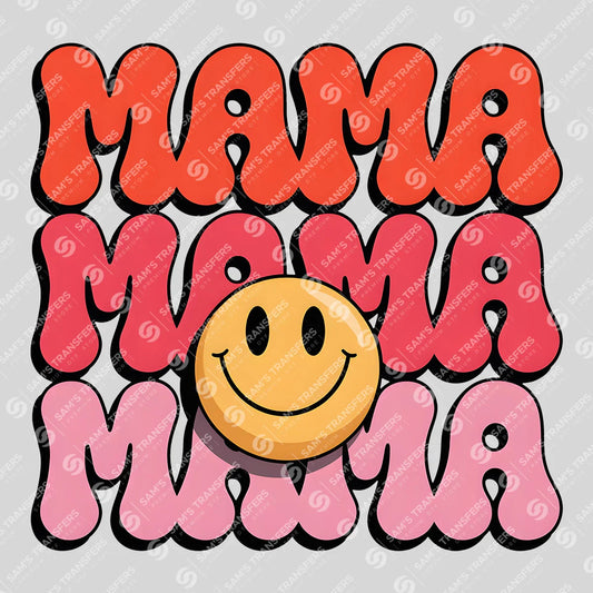 Apparel featuring a Retro Mama Smiley-themed DTF transfer.