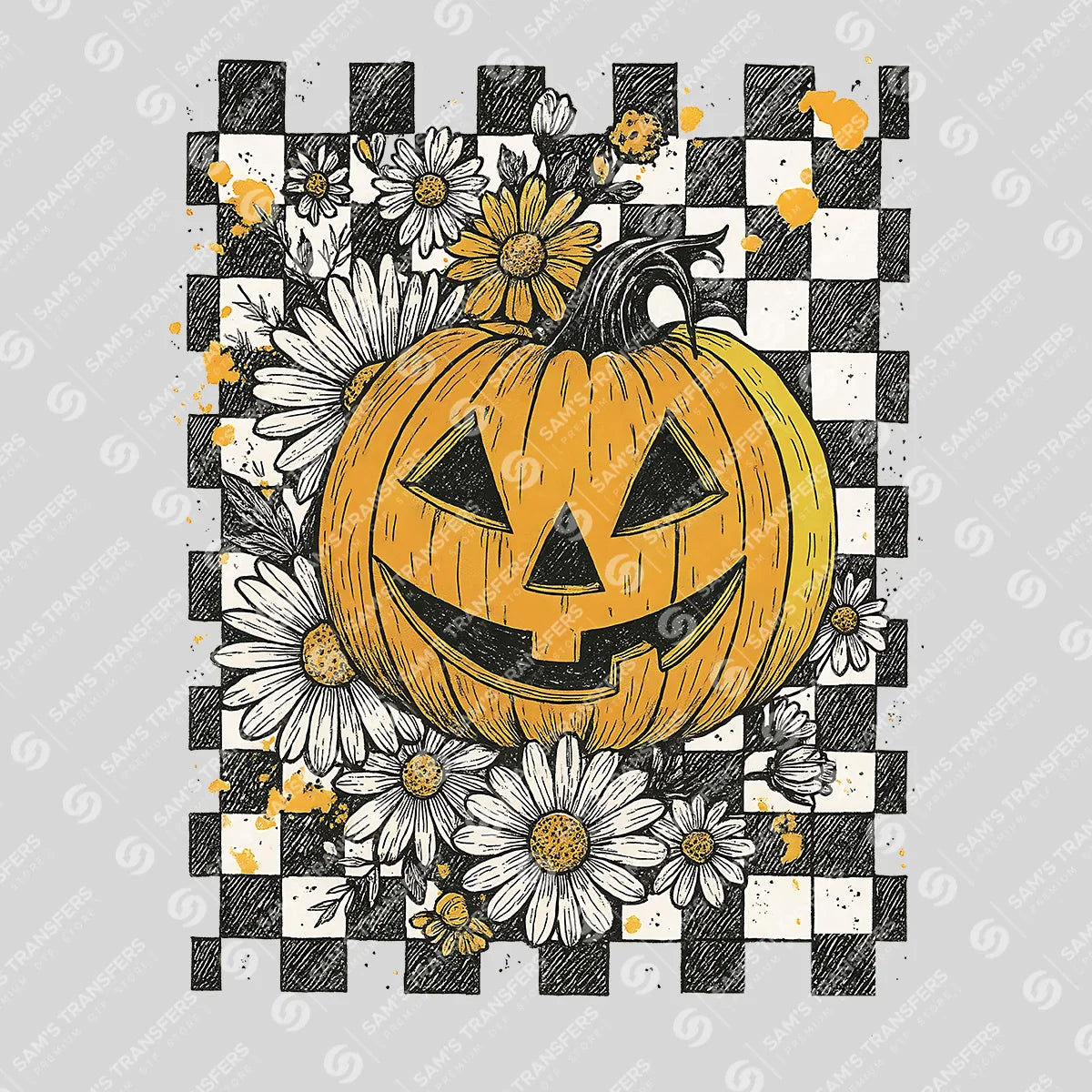 Apparel featuring a Floral Checkered Pumpkin-themed DTF transfer.