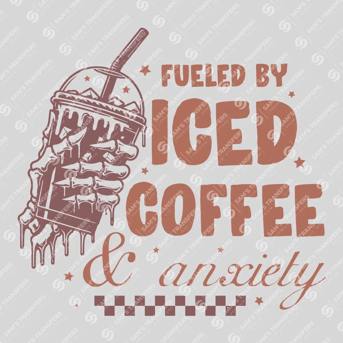 Apparel featuring a Fueled by Iced Coffee and Anxiety-themed DTF transfer.