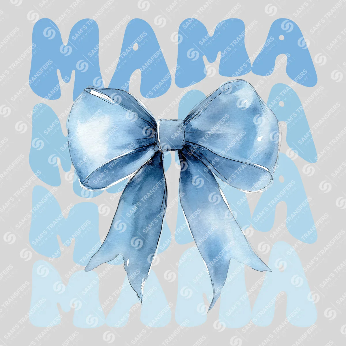 Apparel featuring a Coquette Blue Bow Mama-themed DTF transfer.