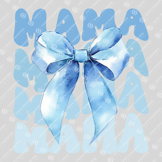 Apparel featuring a Watercolor Blue Bow Mama-themed DTF transfer.