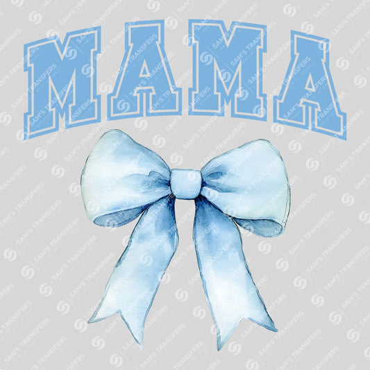 Apparel featuring a Varsity Mama Blue Bow-themed DTF transfer.
