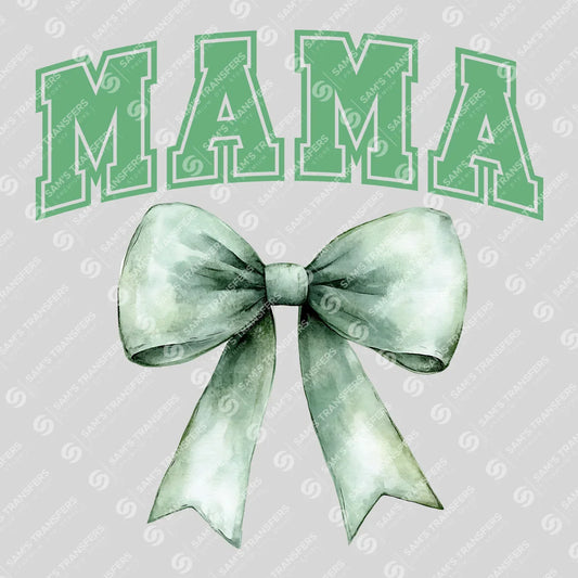 Apparel featuring a Varsity Mama Mint Bow-themed DTF transfer.