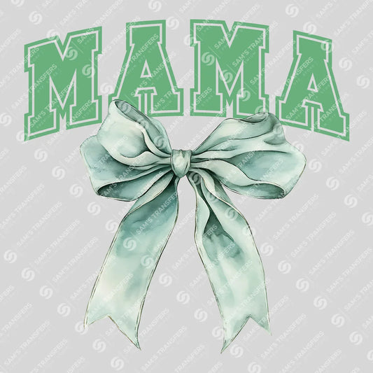 Apparel featuring a Varsity Mama Green Bow-themed DTF transfer.