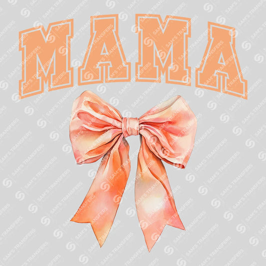 Apparel featuring a Varsity Mama Apricot Bow-themed DTF transfer.