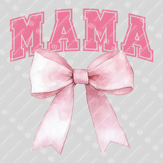 Apparel featuring a Varsity Mama Bubblegum Bow-themed DTF transfer.