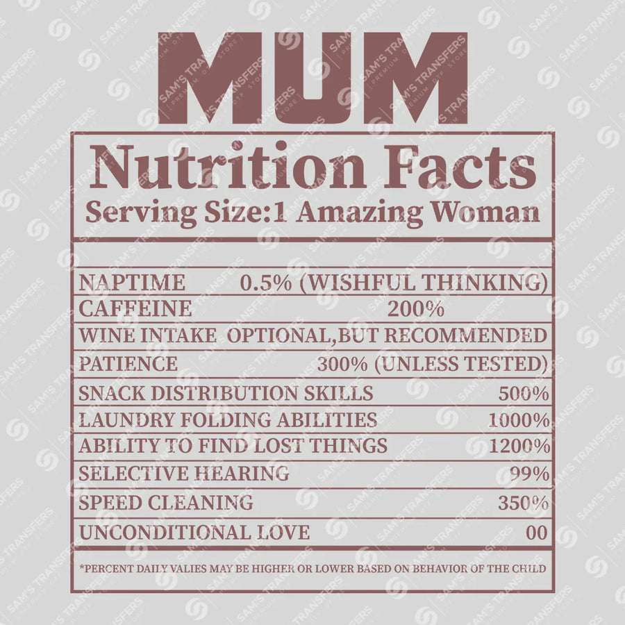 Mum Nutrition Facts Ready-to-Press DTF Transfer | SAT07209