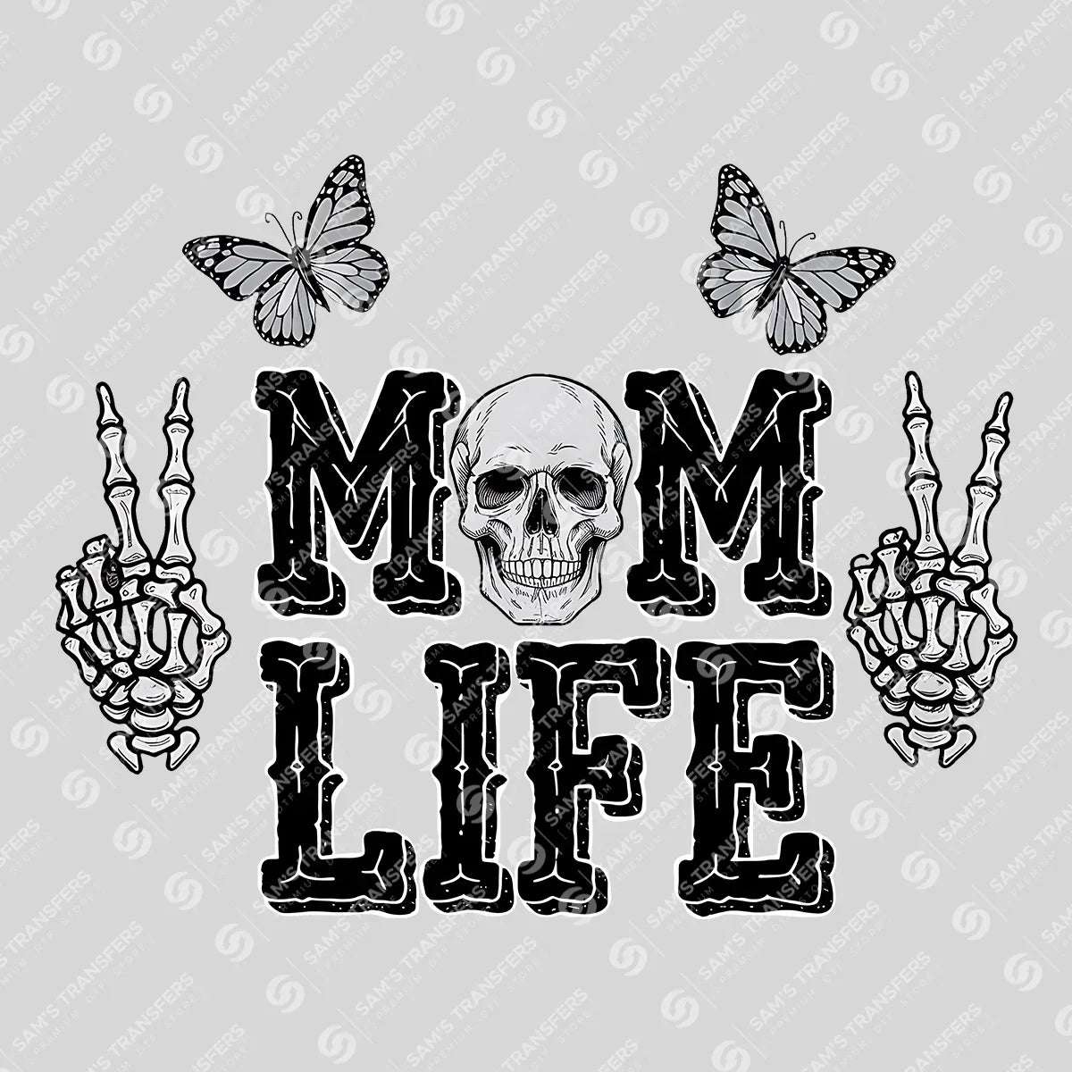 Apparel featuring a Mom Life Skull-themed DTF transfer.