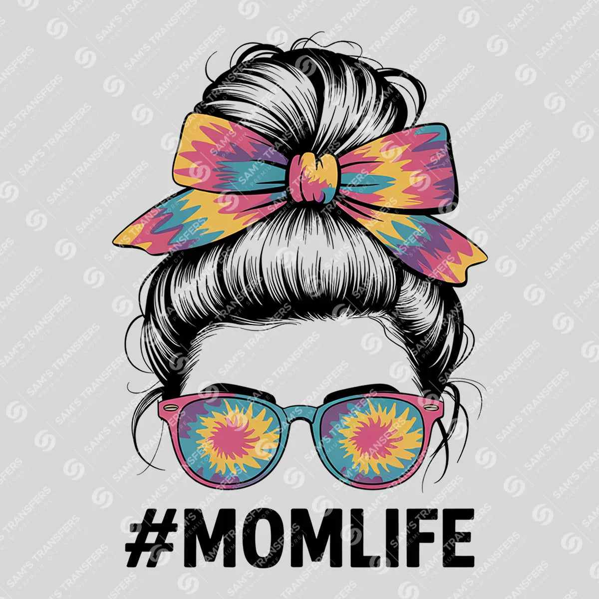 Apparel featuring a Momlife Tie Dye-themed DTF transfer.