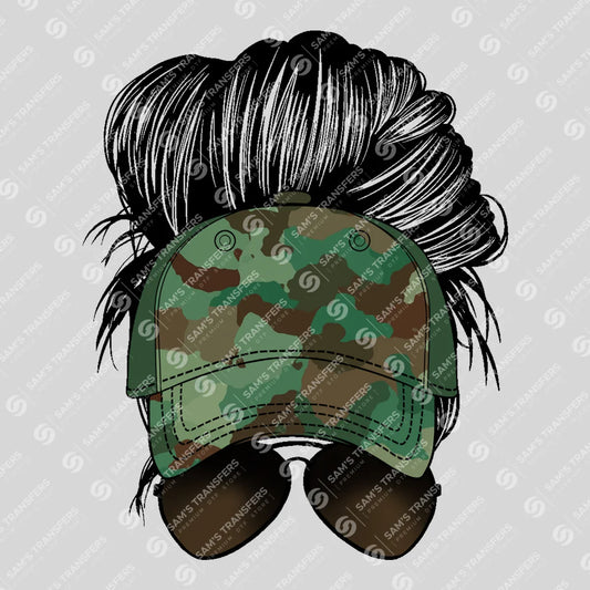 Apparel featuring a Camo Hat Messy Bun-themed DTF transfer.