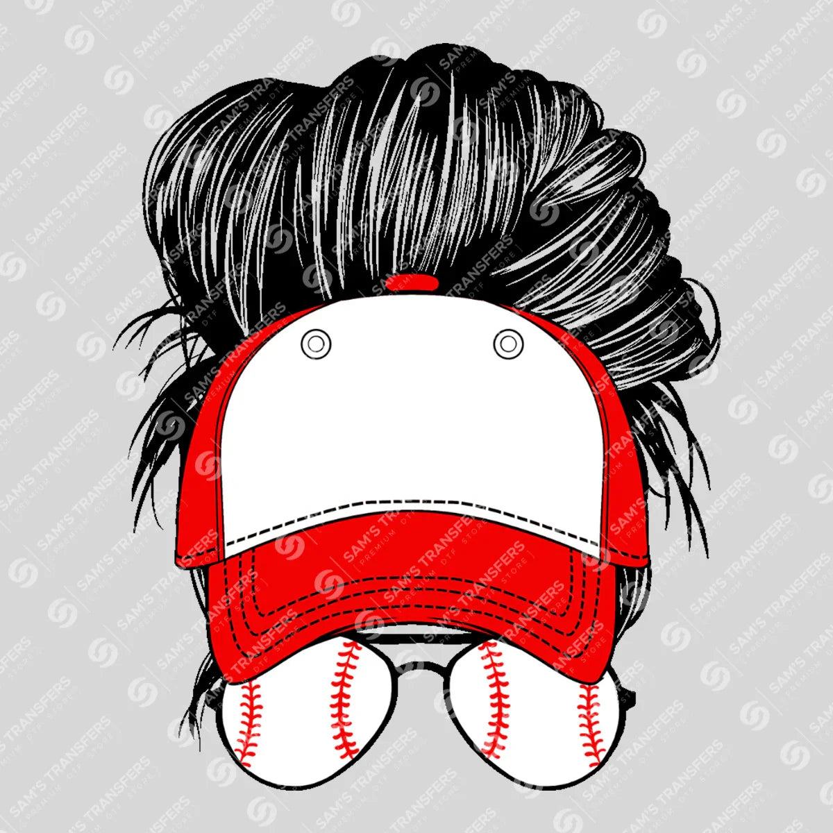 Apparel featuring a Baseball Cap Messy Bun-themed DTF transfer.