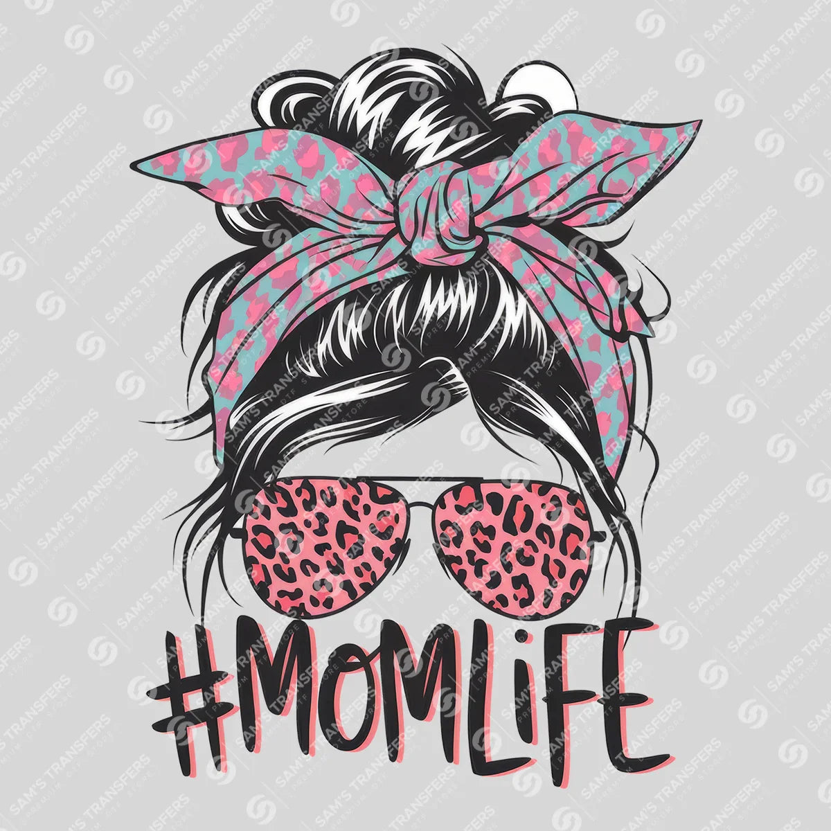 Apparel featuring a Momlife Pink Bandana-themed DTF transfer.