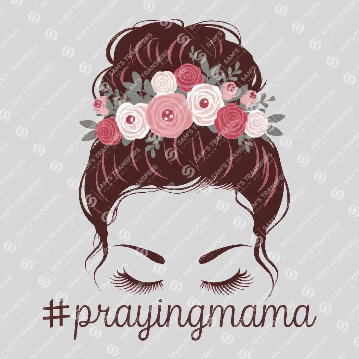 Apparel featuring a Praying Mama-themed DTF transfer.