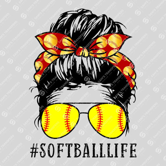 Apparel featuring a Softball Life Messy Bun-themed DTF transfer.