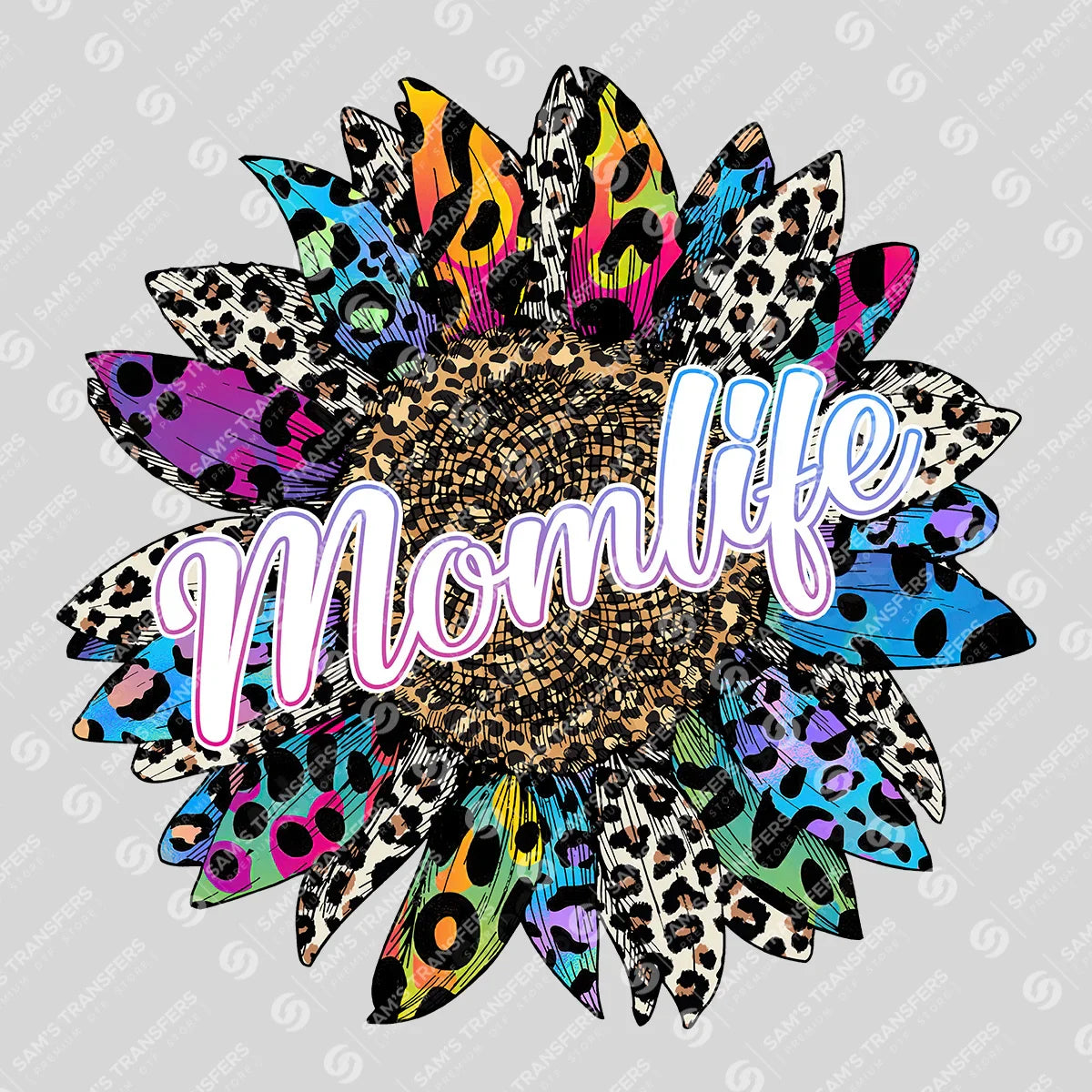 Apparel featuring a Momlife Rainbow Sunflower-themed DTF transfer.