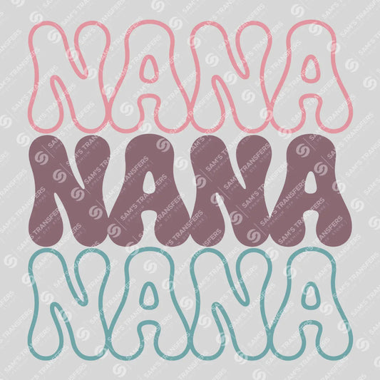 Apparel featuring a Retro Nana-themed DTF transfer.